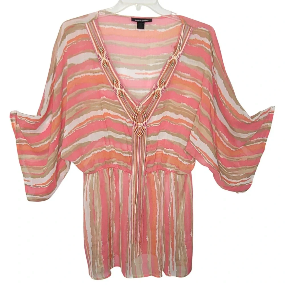 Ashley Stewart Chiffon Tunic 14/16 Coral Aztec Peasant Macrame Boho Beach Resort